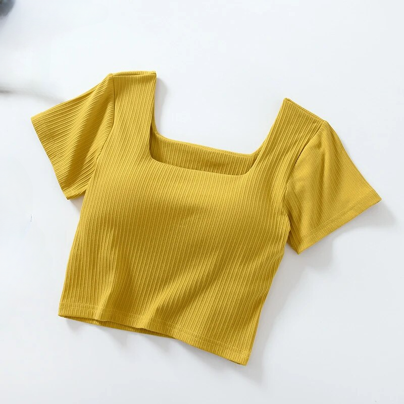 T Shirt Crop Bra Top with Built In Bra Cotton