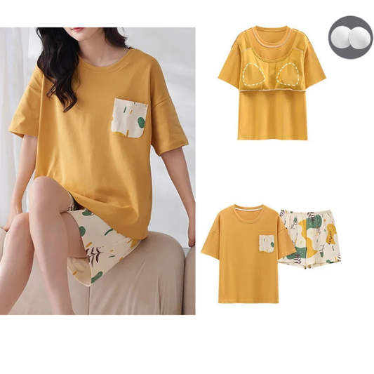 Cotton Pyjama Set with Matching Shorts and Removable Cups