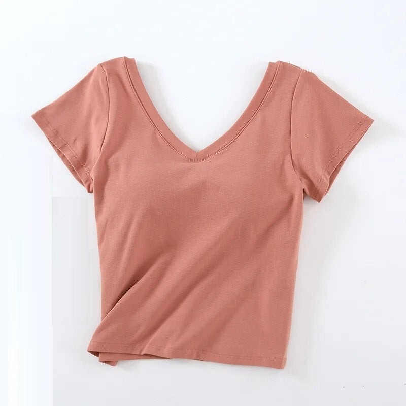 V Neck Crop T-Shirt Casual with Built In Bra Top Padding Cotton