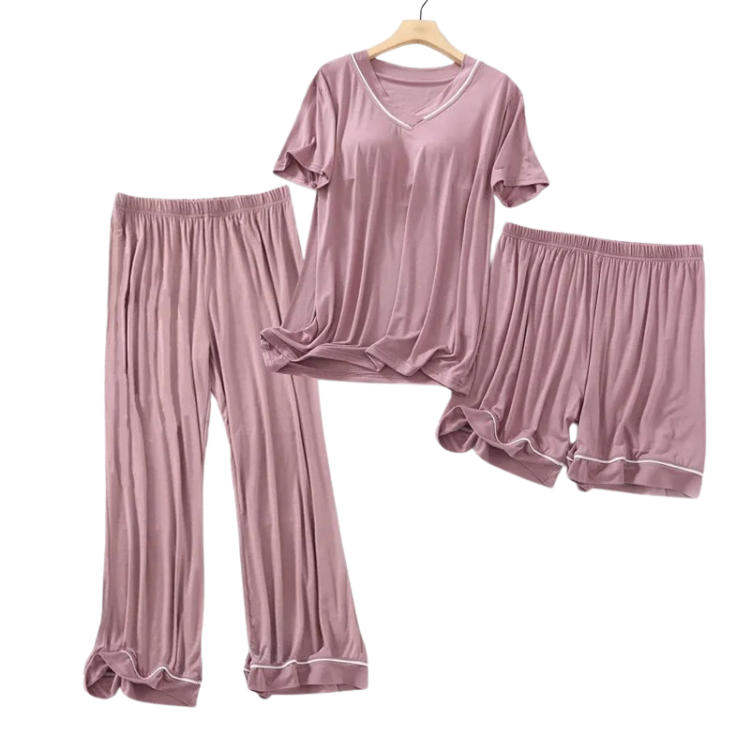 V-Neck Built-in-Bra 3 Piece Pyjama Set - Pants, Shorts and Top