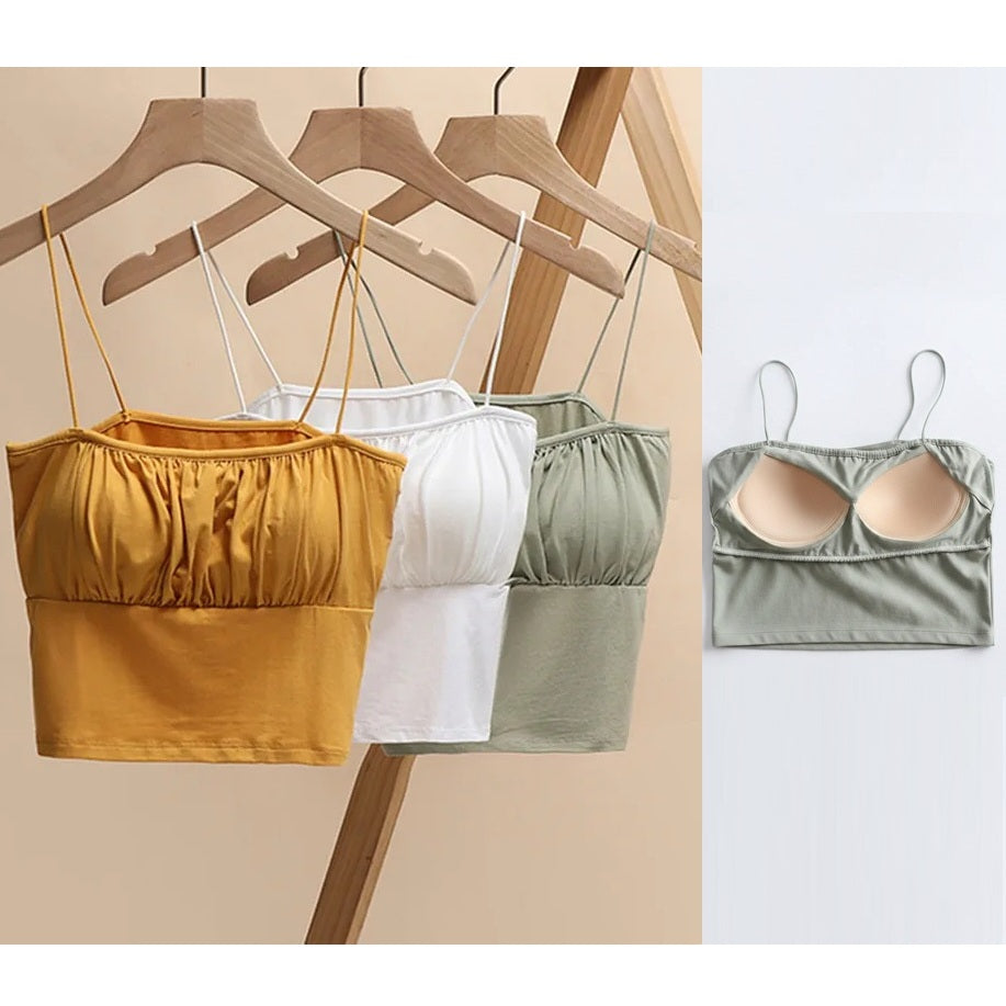 Ruffle Spaghetti Strap Singlet Crop Top with Built In Bra