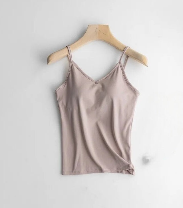 Singlet Top with Built in Bra Camisole V-neck with Inbuilt Bra Cotton