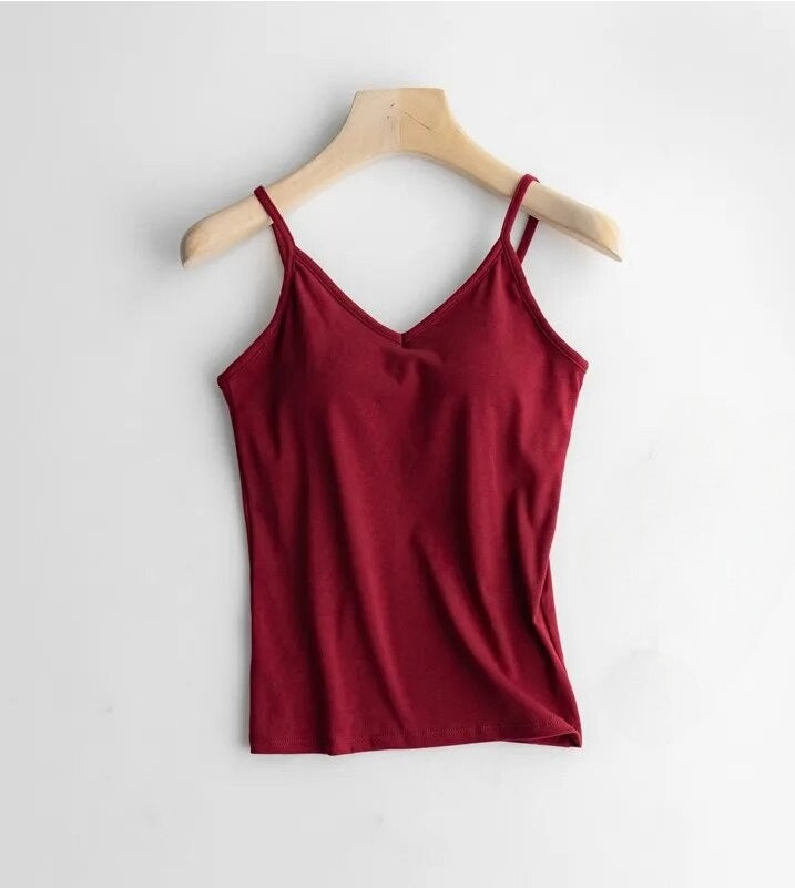 Singlet Top with Built in Bra Camisole V-neck with Built In Bra Cotton