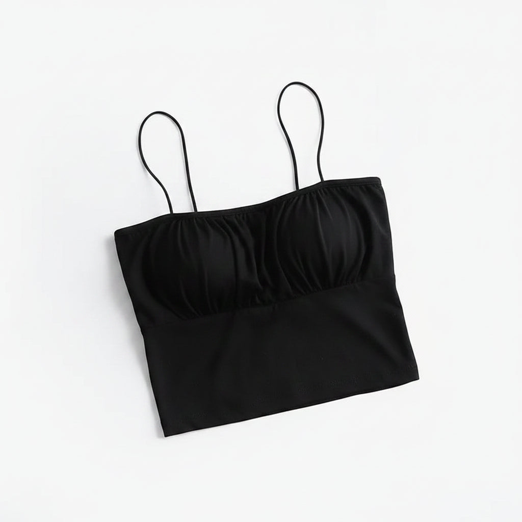 Ruffle Spaghetti Strap Singlet Crop Top with Built In Bra