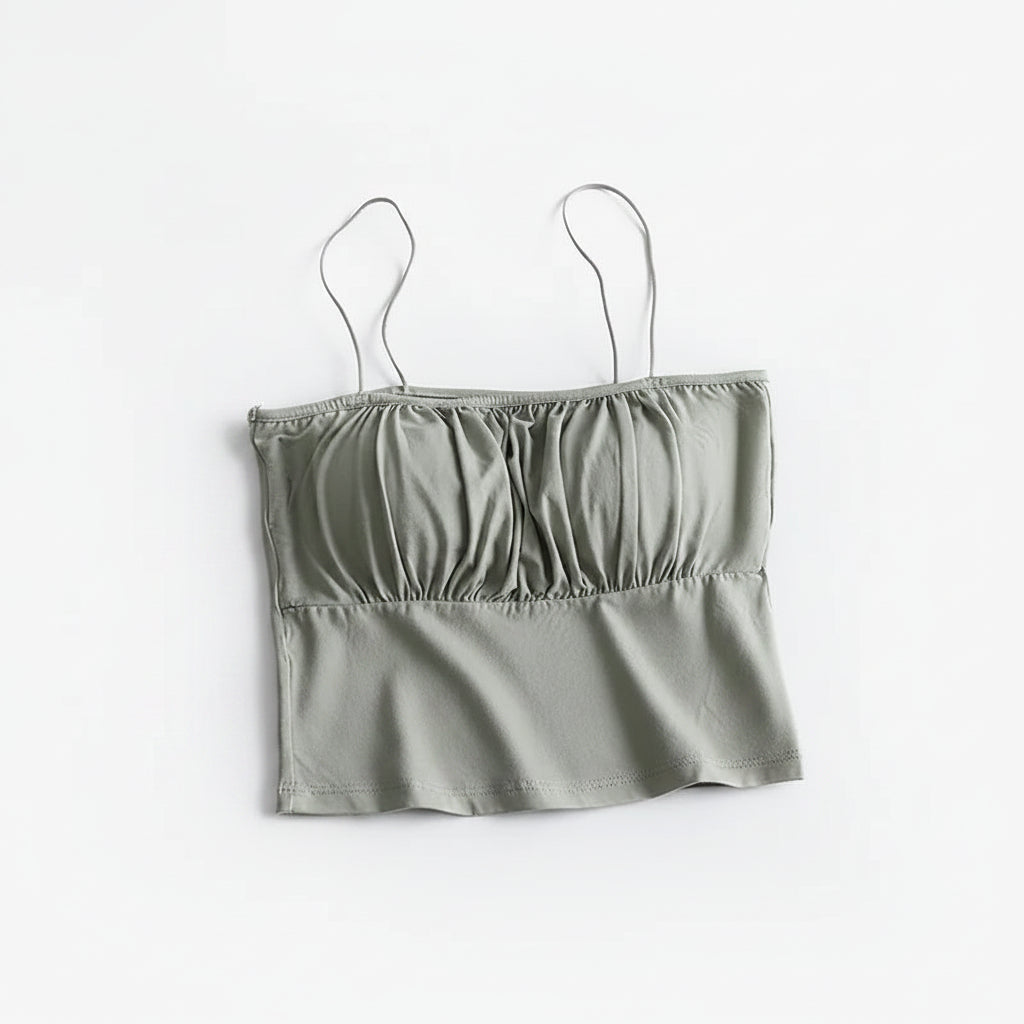 Ruffle Spaghetti Strap Singlet Crop Top with Built In Bra