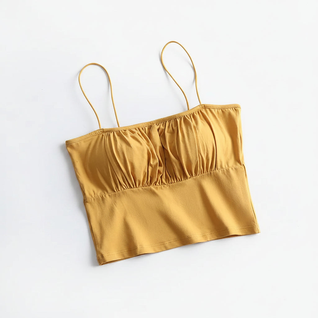 Ruffle Spaghetti Strap Singlet Crop Top with Built In Bra