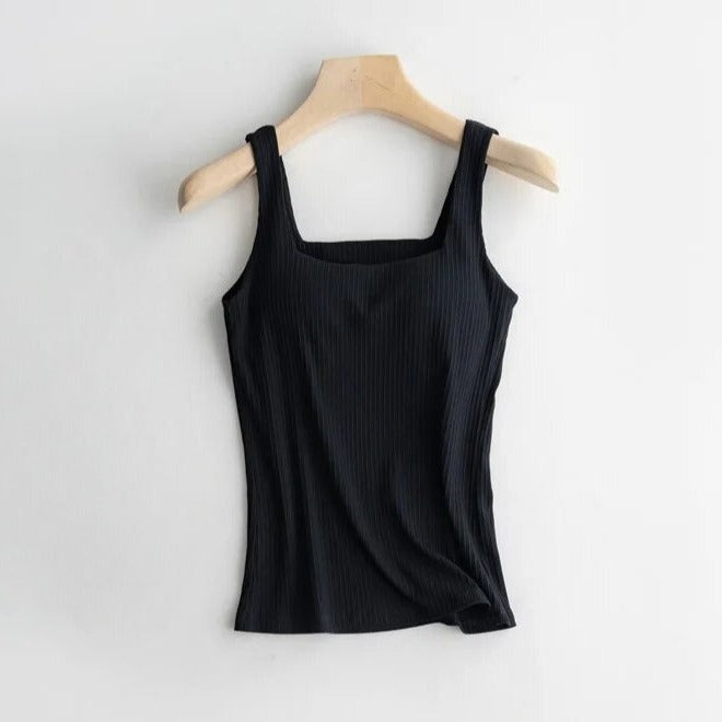 Square Neck Tank Top Shirt with Built In Bra Cotton