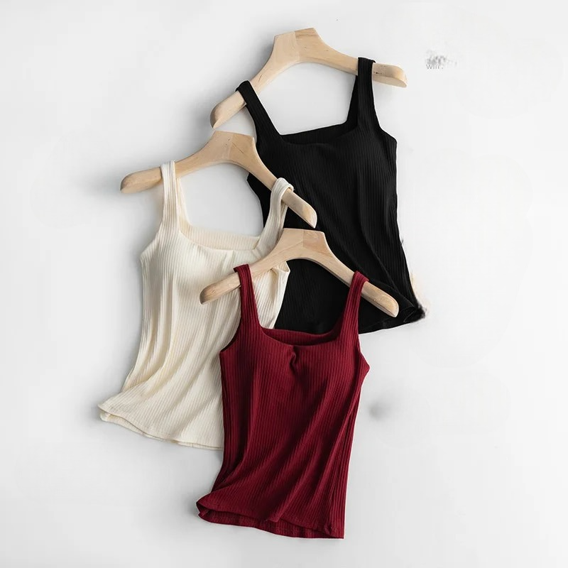 Square Neck Tank Top Shirt with Built In Bra Cotton