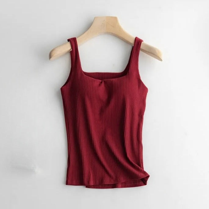 Square Neck Tank Top Shirt with Built In Bra Cotton