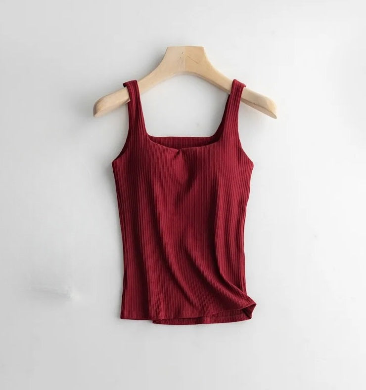 Square Neck Tank Top Shirt with Built In Bra Cotton