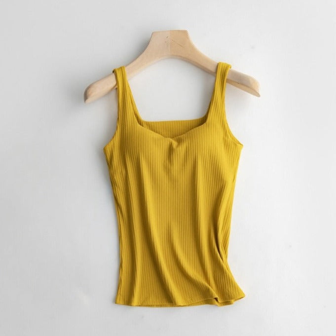 Square Neck Tank Top Shirt with Built In Bra Cotton