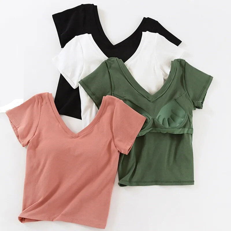 V Neck Crop T-Shirt Casual with Built In Bra Top Padding Cotton