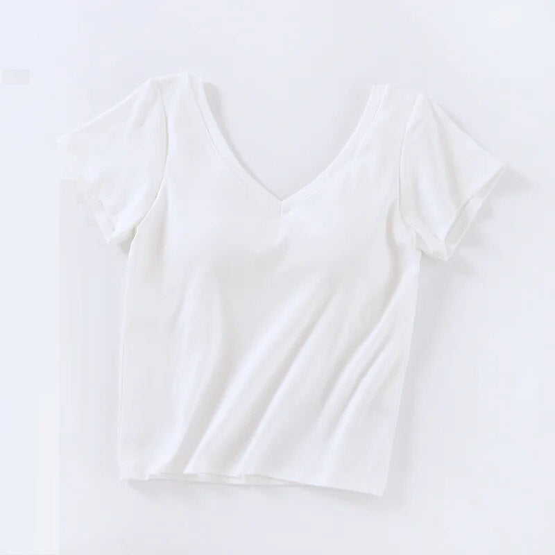 V Neck Crop T-Shirt Casual with Built In Bra Top Padding Cotton